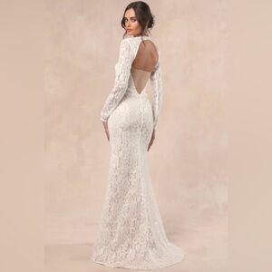 NWT Lulus White Lace Beige Under Open Back Wedding Dress XS see description